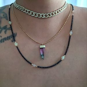 14k Yellow Gold Opal and Black Spinel Gemstone Station Necklace 35.5"